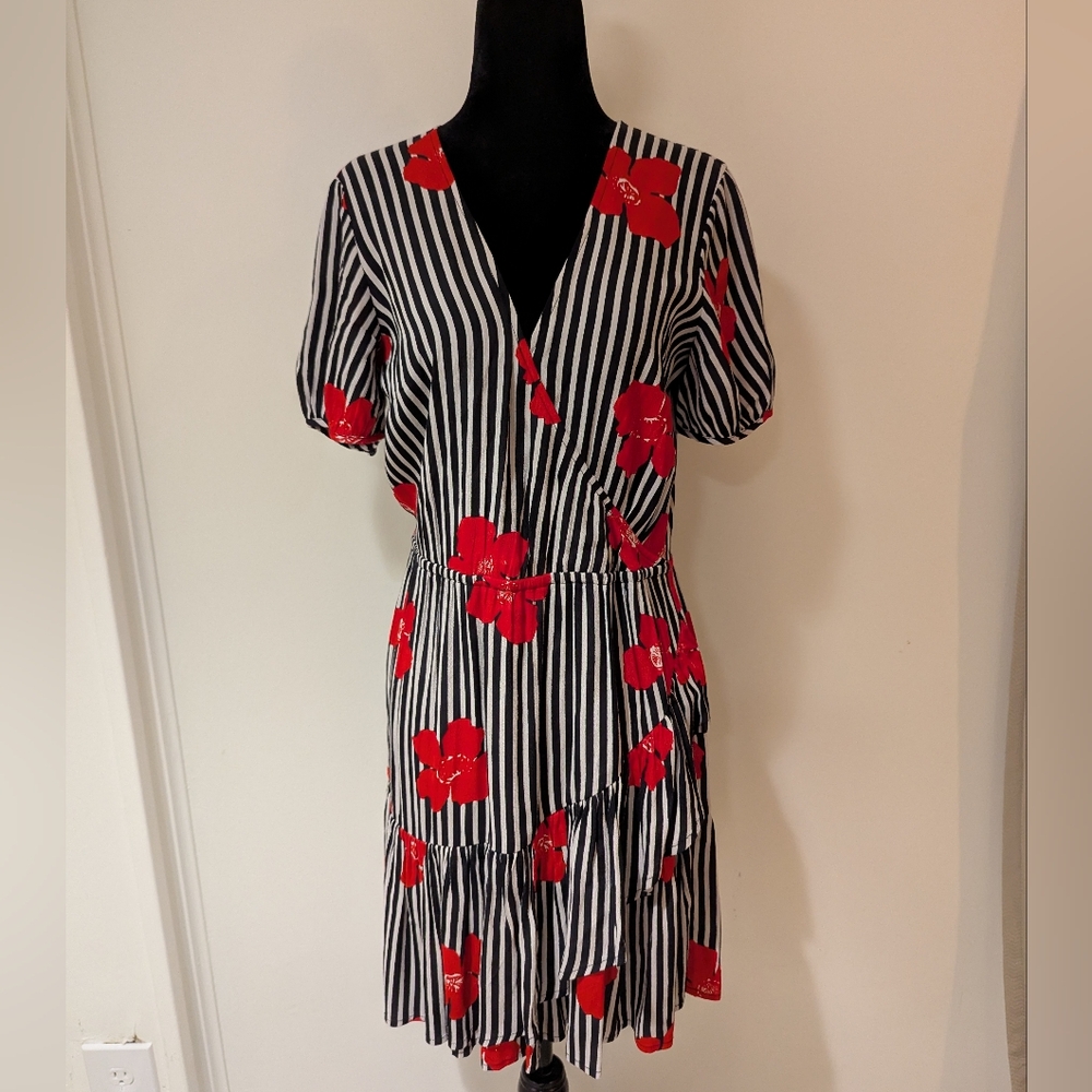 Madewell Black White Red Striped Floral Print Faux Wrap Ruffle Dress Size 0